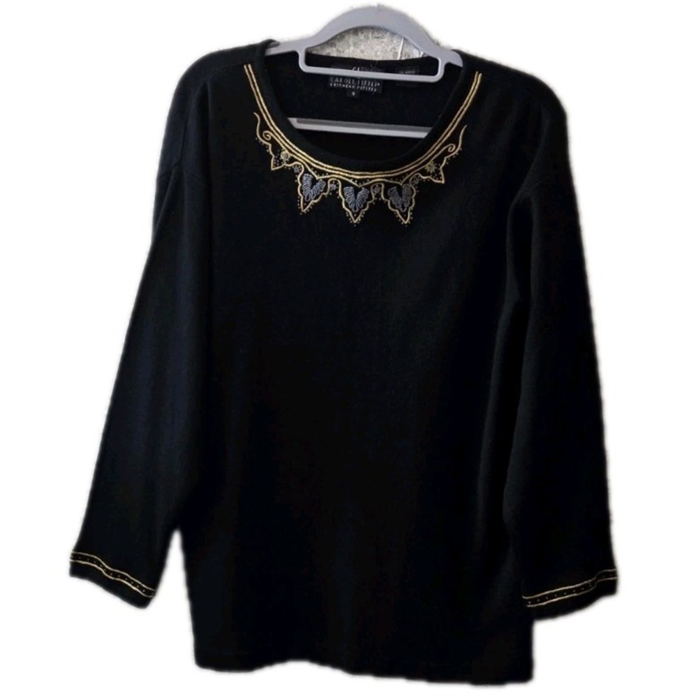 Carole Little‎ Petites Black Beaded Knit Top Gold Trim Petite S Sweater